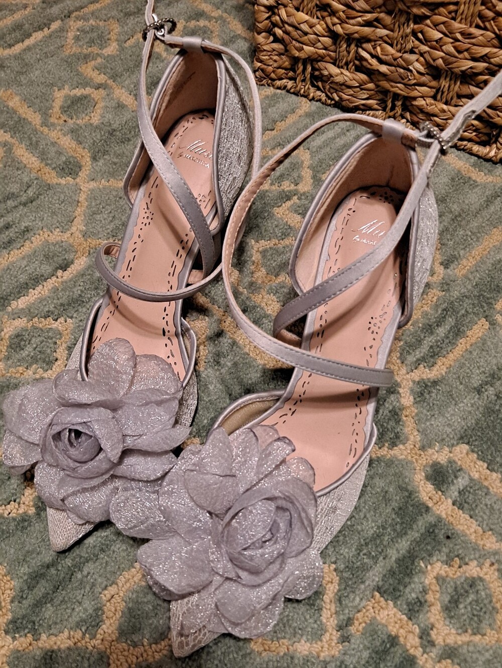 Muse By Marchesa Metallic Strappy Silver Floral Pointed-Toe Ankle Strap Heels